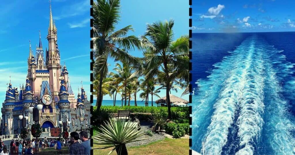 A collage with Disney castle on the left, palm trees and beach in the center, and ocean wake from a boat on the right under a blue sky.