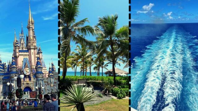 A collage with Disney castle on the left, palm trees and beach in the center, and ocean wake from a boat on the right under a blue sky.