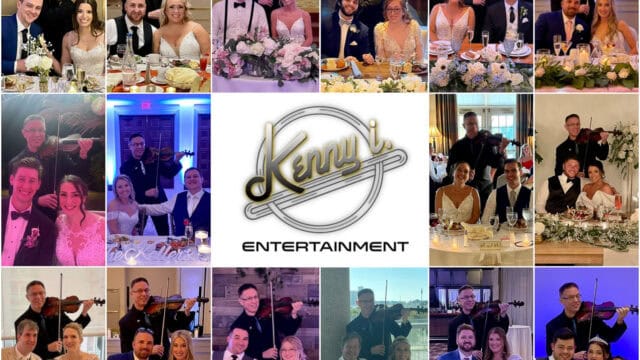 A collage of various couples at their wedding receptions with musicians playing violins. The center image shows a logo for Kenny i Entertainment.