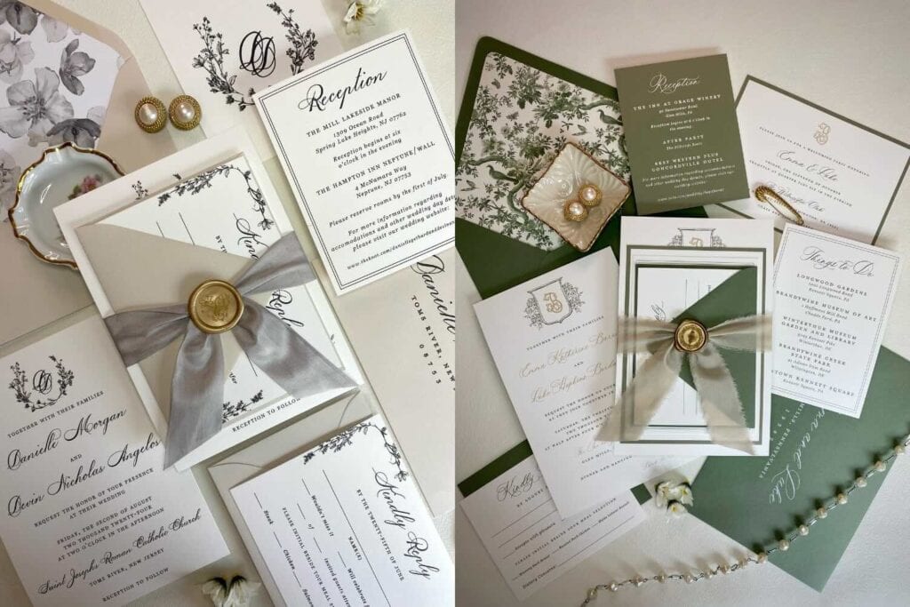 Two sets of elegant wedding invitations, each with matching envelopes, wax seals, and floral motifs, displayed with accessories on a neutral background.