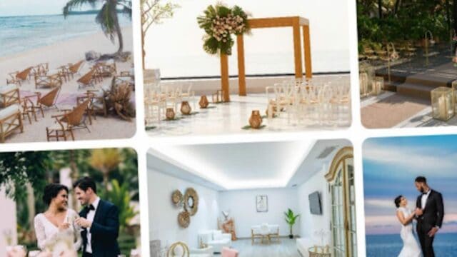 Collage of beach wedding ceremony setups, under a wood arch, in a forest, with a couple dancing, and a couple by the sea. Interior with flowers, tables, and chairs.